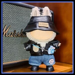 Cute Labubu with Black Hat, Vest and Denim Outfit, including accessories